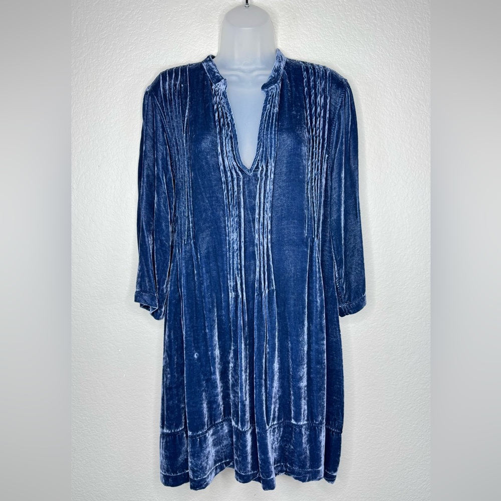 CP Shades Pintuck Silk Blend Crushed Velvet‎ Tunic Dress S Relaxed Fit Blue Boho